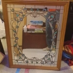 Elegant Brown and Blue Stained Glass Wall Mirror